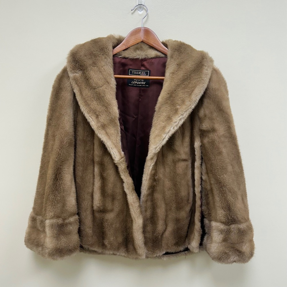 Vintage Tissavel France Faux Fur Jacket Brown Shawl Collar Lepshire Denmark's